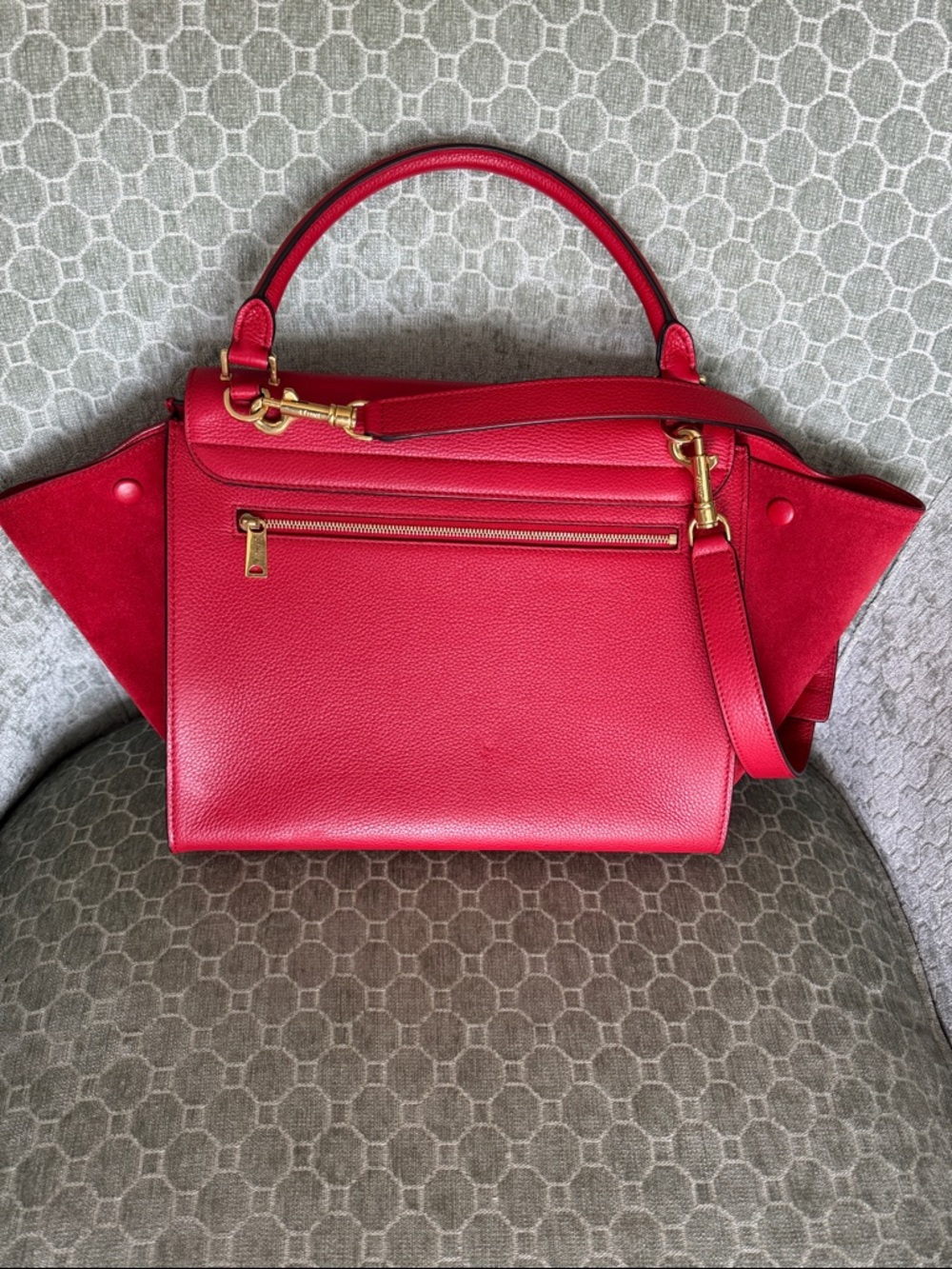Celine Trapeze Red l Leather and Suede Shoulder Bag with Top Handle EUC - Picture 4 of 16